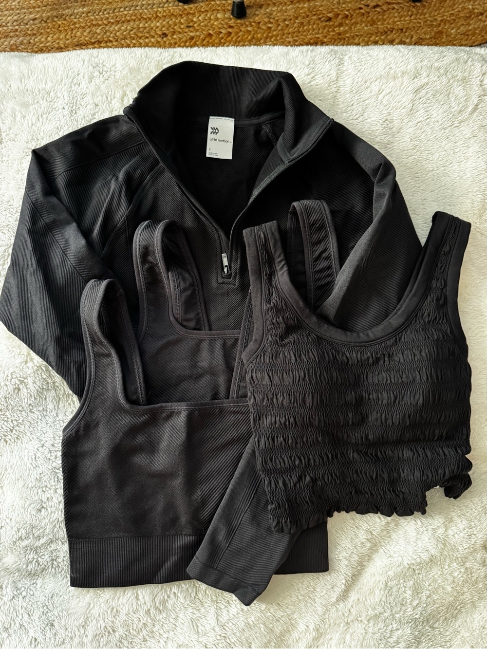 all in motion Black Cropped Activewear Tops Trio — Zip Pullover + 3 Bras
